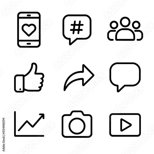 Social Media Icon Set. Outline icon set of social media promotion: smartphone with heart, hashtag bubble, followers icon, like