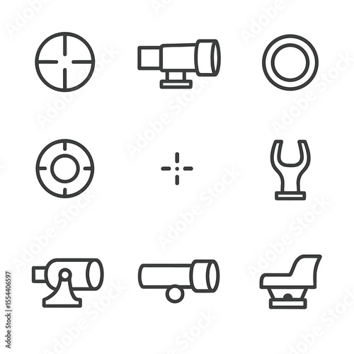 Telescope Icon Set. Outline icon set of Telescope Finder Sight: crosshair reticle, tube outline, eyepiece lens, alignment knob,