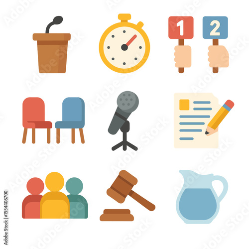 Debate Club Icons. Isometric Flat icon set of debate club group discussions: debate podium, timer clock, scorecards, gavel,