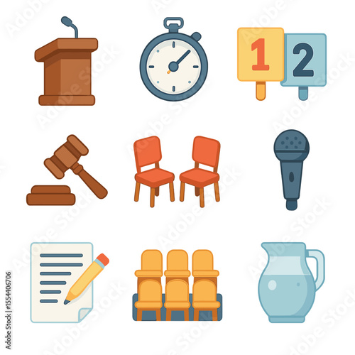 Debate Club Icons. Isometric Flat icon set of debate club group discussions: debate podium, timer clock, scorecards, gavel,
