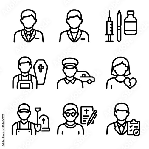 Death Care Icons. Outline icon set of death care professionals: mortician, funeral director, embalming tools, casket arranger,