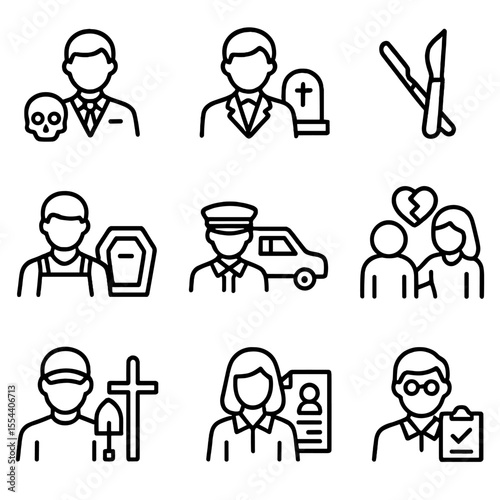 Death Care Icons. Outline icon set of death care professionals: mortician, funeral director, embalming tools, casket arranger,