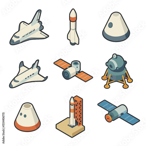 Space Tourism Icons. Isometric Flat icon set of space tourism spacecraft: space shuttle, suborbital rocket, space capsule,