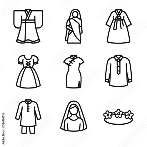 Traditional Bridal Attire Icons. Outline icon set of traditional bridal attire: uchikake kimono, red bridal sari, white hanbok,