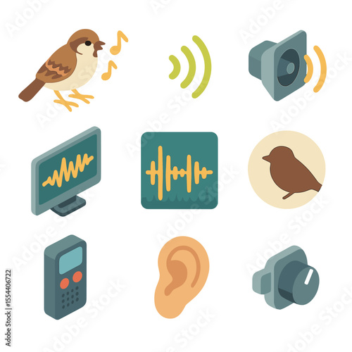Sparrow Sound Icons. Isometric Flat icon set of sparrow sounds and calls: sparrow singing, sound waves, audio speaker, waveform