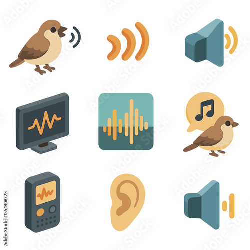 Sparrow Sound Icons. Isometric Flat icon set of sparrow sounds and calls: sparrow singing, sound waves, audio speaker, waveform
