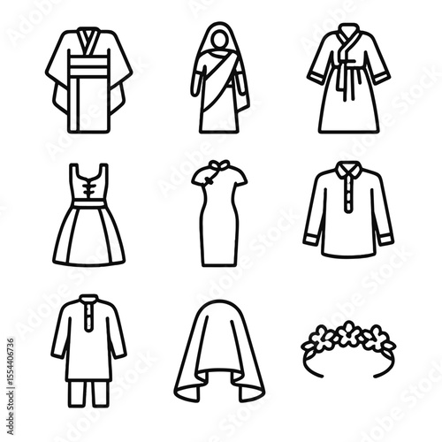 Traditional Bridal Attire Icons. Outline icon set of traditional bridal attire: uchikake kimono, red bridal sari, white hanbok,