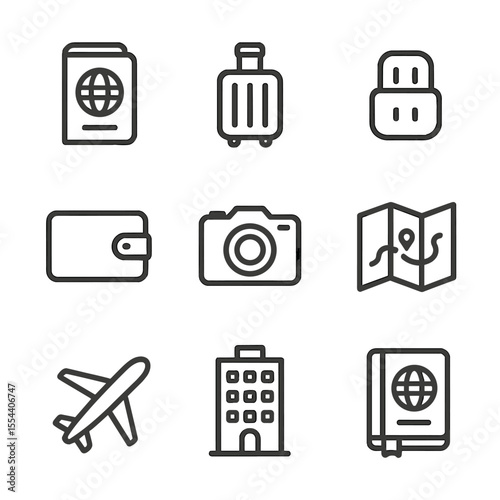 Travel Accessories Icons. Outline icon set of scarf travel accessories: passport holder, suitcase, travel adapter, travel wallet,
