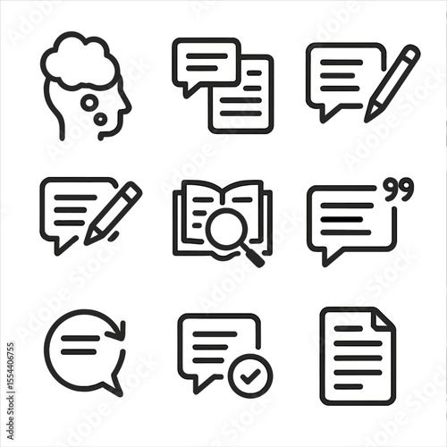 Speech Writing Icons. Outline icon set of speech writing process: brainstorming, outline, drafting, editing, research source,