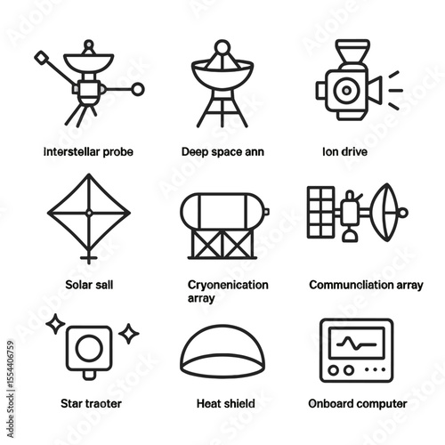 Deep Spacecraft Icons. Outline icon set of Deep Space Spacecraft: interstellar probe, deep space antenna, ion drive engine, solar