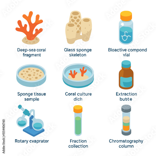 Deep-Sea Coral Biotech Icons. Isometric Flat icon set of deep-sea coral and sponge biotechnology: deep-sea coral fragment, glass