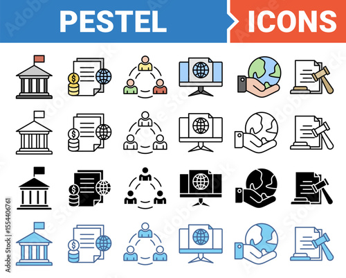 Pestel concept of political economic social technological environmental legal icon set with multiple style collection.