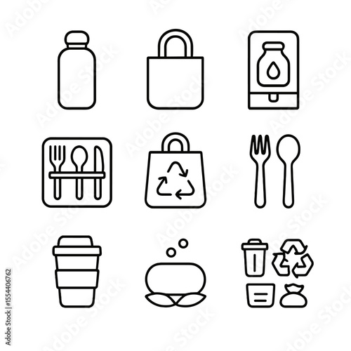 Travel Waste Reduction Icons. Outline icon set of waste reduction while traveling: reusable water bottle, cloth tote bag, refill