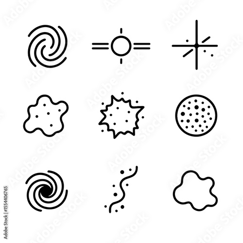 Deep Space Icons. Outline icon set of Deep Space Objects: galaxy, quasar, pulsar, nebula, supernova remnant, globular cluster,