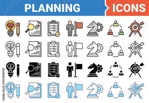 Planning icon set with multiple style collection.