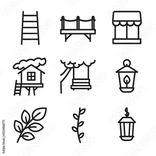 Treehouse Icon Set. Outline icon set of Treehouse in Forest Shade: wooden ladder, treehouse balcony, rope railing, window with
