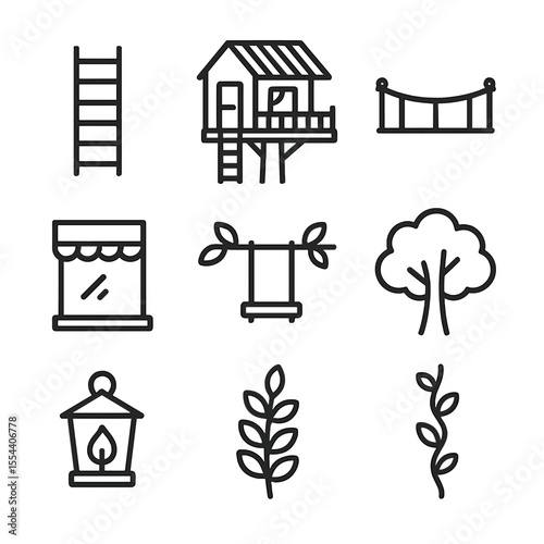 Treehouse Icon Set. Outline icon set of Treehouse in Forest Shade: wooden ladder, treehouse balcony, rope railing, window with