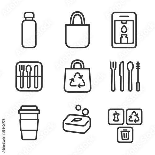 Travel Waste Reduction Icons. Outline icon set of waste reduction while traveling: reusable water bottle, cloth tote bag, refill