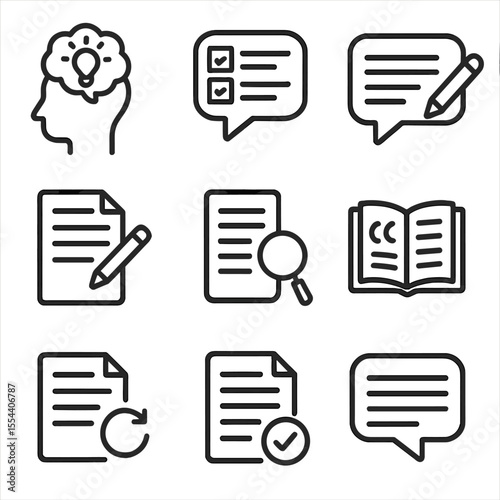 Speech Writing Icons. Outline icon set of speech writing process: brainstorming, outline, drafting, editing, research source,