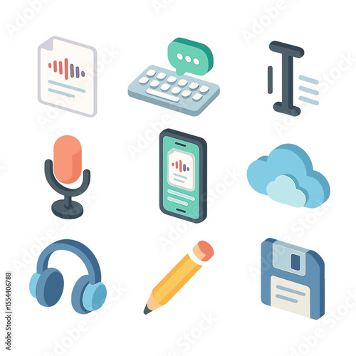 Speech-to-Text Icons. Isometric Flat icon set of speech-to-text applications: document with voice waveform, keyboard with speech