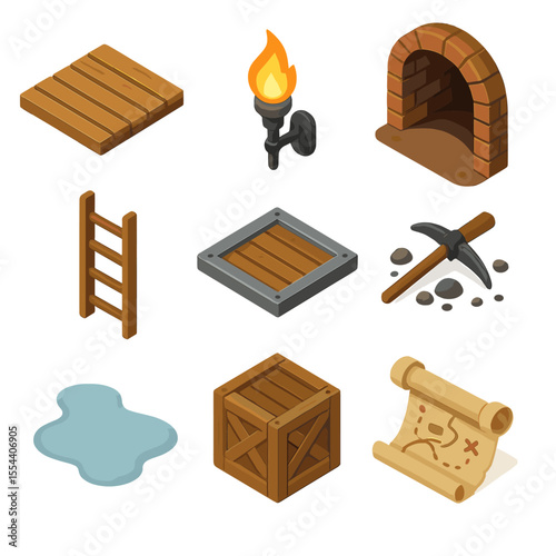 Underground Tunnel Icons. Isometric Flat icon set of underground tunnel route: wooden plank floor, dim torch, brick-lined walls,