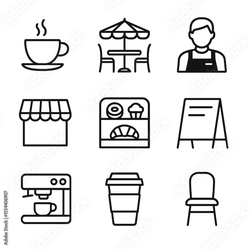 Street Cafe Icons. Outline icon set of research collaboration success: microscope group, data chart, lab beakers, co-author