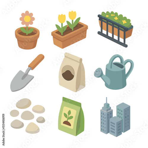 Urban Garden Icon Set. Isometric Flat icon set of urban container seed planting: flower pot, planter box, balcony railing, garden