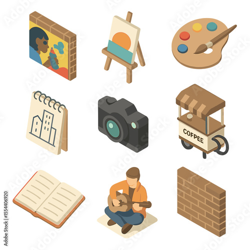 Urban Exploration Icons. Isometric Flat icon set of artistic urban exploration: street art mural, easel with canvas, paint palette