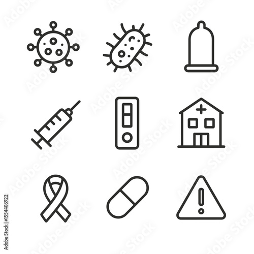 STI Prevention Icons. Outline icon set of sexually transmitted infections: virus cell, bacteria, condom, syringe, test kit, clinic