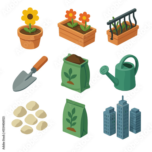 Urban Garden Icon Set. Isometric Flat icon set of urban container seed planting: flower pot, planter box, balcony railing, garden