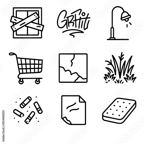 Urban Decay Icons. Outline icon set of Urban Abandonment Debris: boarded-up window, graffiti tag, broken street lamp, rusted