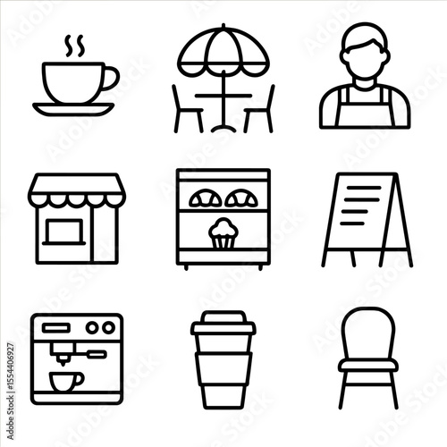 Street Cafe Icons. Outline icon set of street cafe scenes: coffee cup, outdoor table, barista, cafe awning, pastry display,