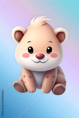 Cute cartoon baby lion character with a joyful expression against a pastel background
