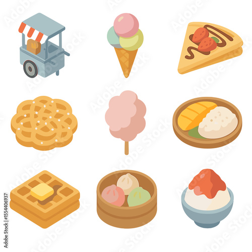 Street Dessert Icons. Isometric Flat icon set of street desserts and sweets: churro cart, ice cream cone, crepe with toppings,