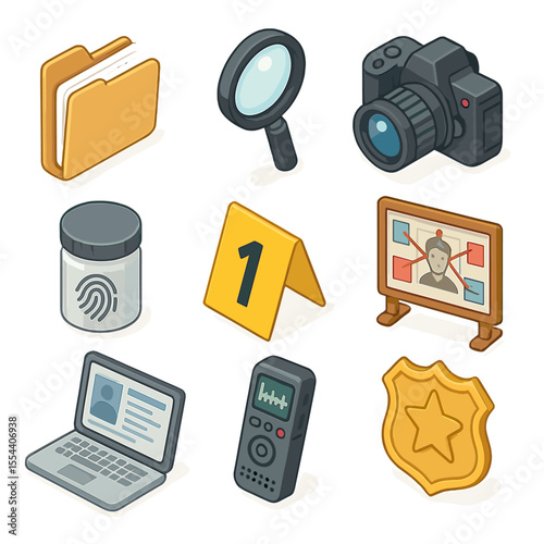 Detective Tools Icons. Isometric Flat icon set of detective and investigative tools: case file folder, magnifying glass, camera,