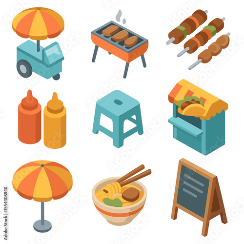 Street Food Icons. Isometric Flat icon set of street food stalls: food cart, grill, skewer sticks, noodle bowl, taco stand,