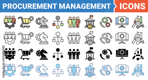 Procurement management icon set with multiple style collection.