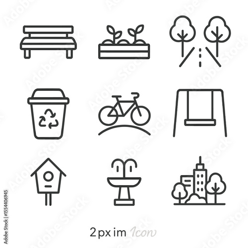Urban Green Icons. Outline icon set of urban green spaces: park bench, community garden bed, tree-lined street, recycling bin,