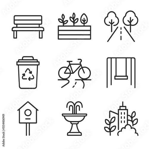 Urban Green Icons. Outline icon set of urban green spaces: park bench, community garden bed, tree-lined street, recycling bin,