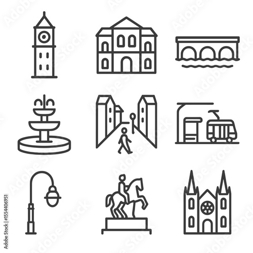 Urban Landmarks Icons. Outline icon set of urban landmarks: city clock tower, historic building, river bridge, public fountain,