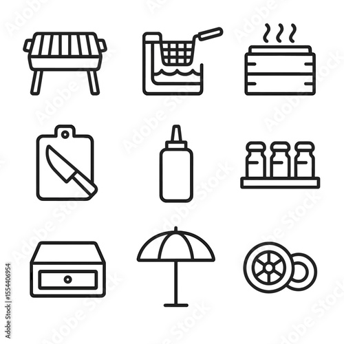 Street Food Cart Icons. Outline icon set of street food cart equipment: grill, fryer, steam basket, chopping board, squeeze bottle