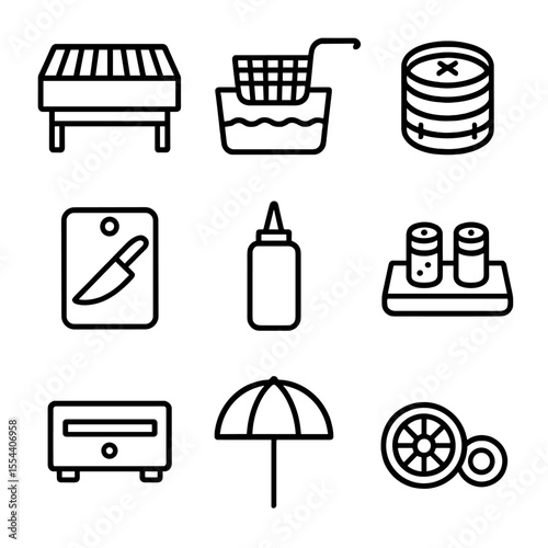 Street Food Cart Icons. Outline icon set of street food cart equipment: grill, fryer, steam basket, chopping board, squeeze bottle