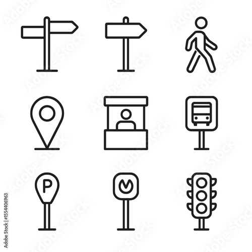 Urban Signage Icons. Outline icon set of urban signage: street sign, directional arrow, pedestrian crossing, map pin, information