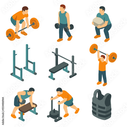 Strength Exercise Icons. Isometric Flat icon set of strength-building exercises: deadlift setup, farmer’s carry weights, sandbag