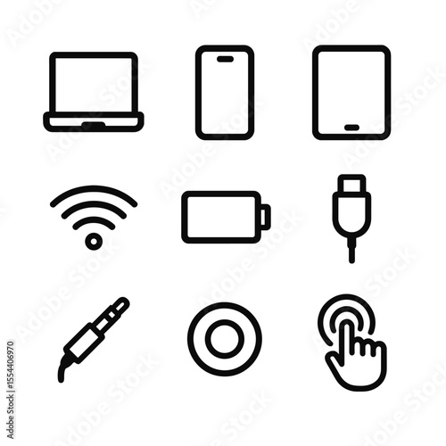 Device Icon Set. Outline icon set of exam device compatibility: laptop silhouette, smartphone icon, tablet outline, Wi-Fi signal,