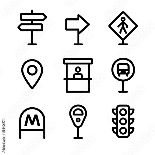 Urban Signage Icons. Outline icon set of urban signage: street sign, directional arrow, pedestrian crossing, map pin, information