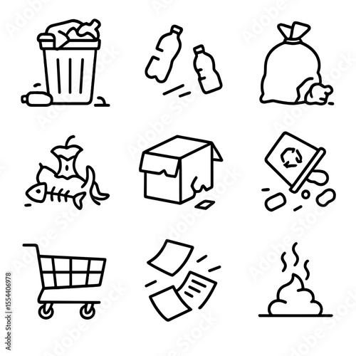 Street Waste Icon Set. Outline icon set of Waste Overflow Street: overflowing trash bin, scattered plastic bottles, torn garbage