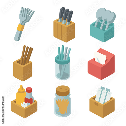 Utensil Tray Icons. Isometric Flat icon set of utensil tray organization: fork bundle, knife caddy, spoon set, chopstick holder,