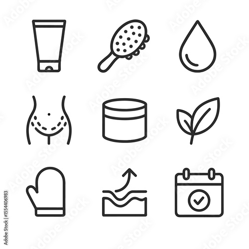 Stretch Mark Skincare Icons. Outline icon set of stretch mark prevention and skincare: lotion tube, massage brush, oil drop, belly