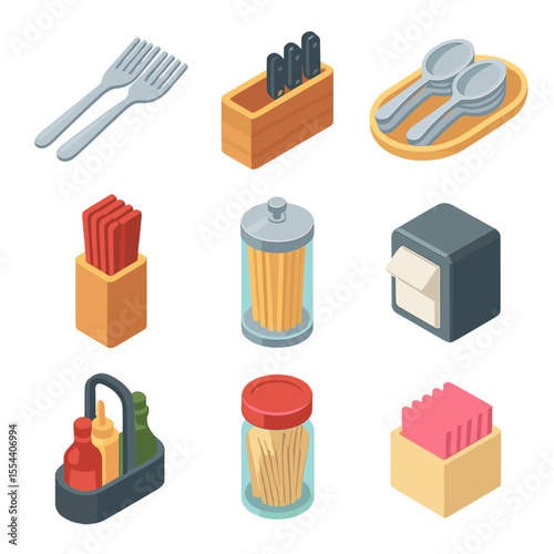 Utensil Tray Icons. Isometric Flat icon set of utensil tray organization: fork bundle, knife caddy, spoon set, chopstick holder,